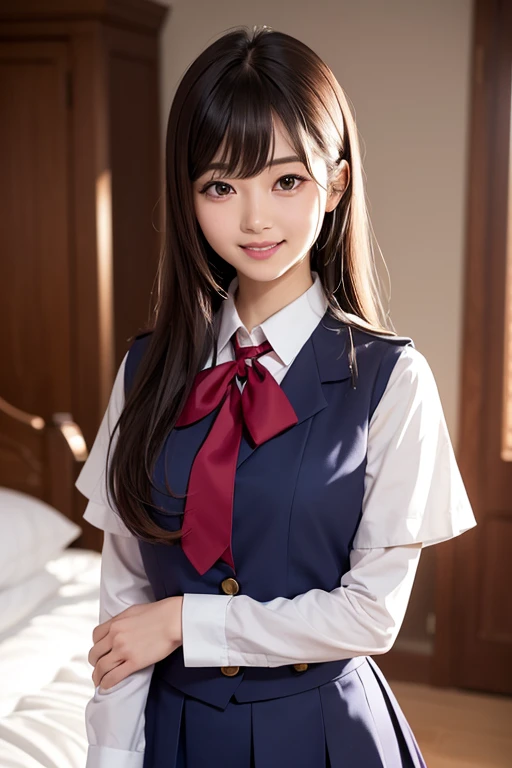Iris, woman1名, (woman)), alone, Genuine, highest quality, photoGenuineistic, masterpiece, 8k, High Definition, alone, High Definitionの顔, Soft lighting, Bedroom, ((Daytime)), null, (looking at the camera), (Portraiture: 0.6), whole body, (Medium Hair), ponytail, Brown Hair, Floating Hair, lips, lipstick, seductive smile, Floating Hair, smile, Open your mouth, teeth, eyelash, Nogizaka46, Moeka Tada, Akari Suda, Idol, beautiful girl, ((uniform)), (((Are standing))