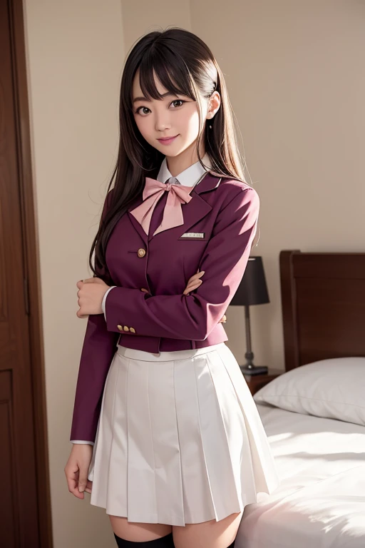 Iris, woman1名, (woman)), alone, Genuine, highest quality, photoGenuineistic, masterpiece, 8k, High Definition, alone, High Definitionの顔, Soft lighting, Bedroom, ((Daytime)), null, (looking at the camera), (Portraiture: 0.6), whole body, (Medium Hair), ponytail, Brown Hair, Floating Hair, lips, lipstick, seductive smile, Floating Hair, smile, Open your mouth, teeth, eyelash, Nogizaka46, Moeka Tada, Akari Suda, Idol, beautiful girl, ((uniform)), (((Are standing))