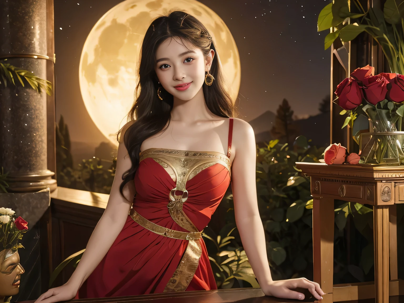 Giorgione painting style,Arguments of two female Philosophe,math、astronomical machine、astronaut、roses in vase、fruits、Cute trinkets、smile、ancient greek costume、Background is a forest lake at night 、Clothes that stretch your shoulders、A big smile、beautiful bare skin、A detailed representation of the seducing woman throughout her body.