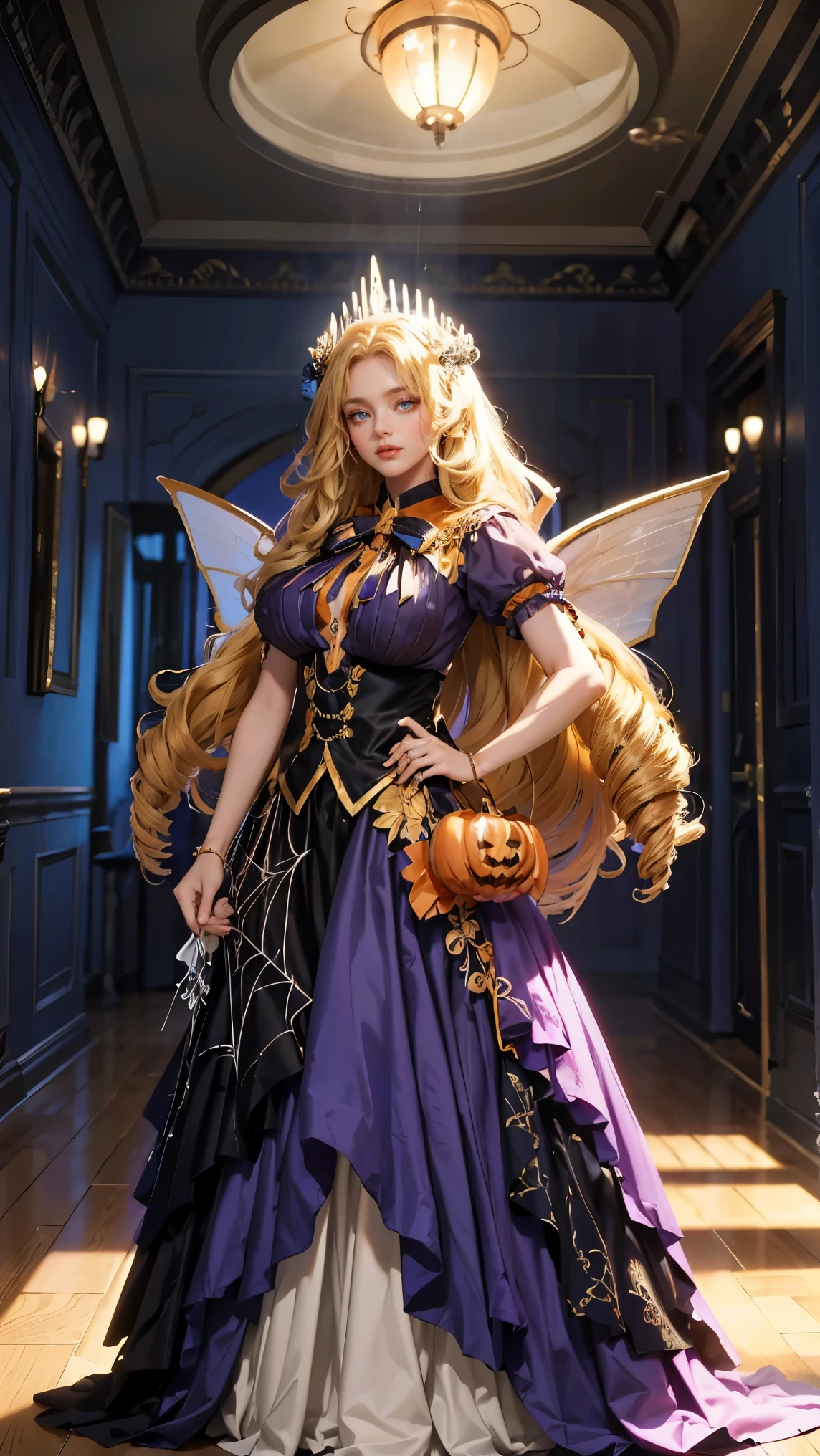 Best quality, masterpiece, ultra high res, raw photo, beautiful and aesthetic, deep shadow, fairy theme,(ultra detailed:1.3),
1girl, standing pose, headdress, drill hair, long hair, blonde hair, gradient hair, yellow eyes, solo, huge breasts, big hair, blue hair, divine goddess, looking at viewer, indoors, Halloween bedroom, room full of curtain, astraea, full body, outfit-MUvampire