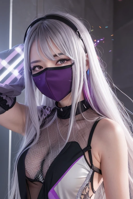 One girl, Gray Hair, Multicolored Hair, Purple eyes, Mask on head, Side light, Particles of light, wallpaper, Arm Up, sweating