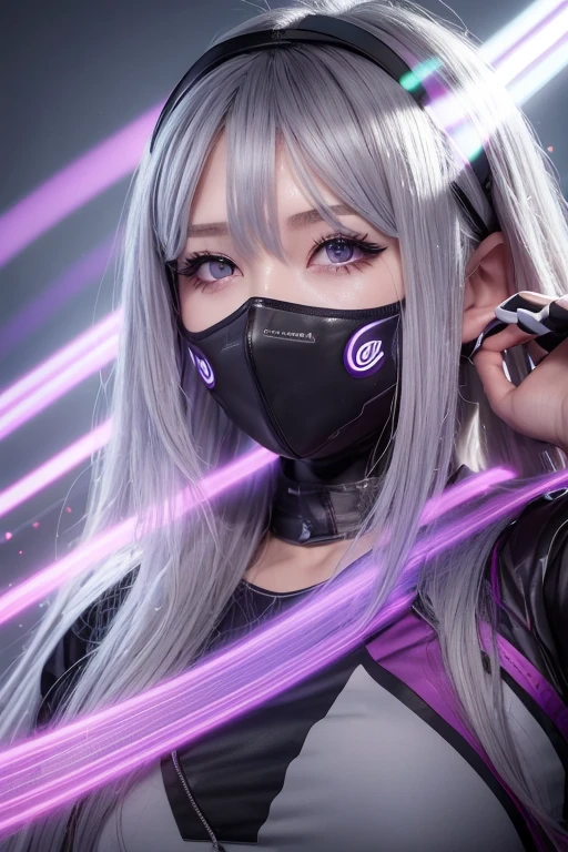 One girl, Gray Hair, Multicolored Hair, Purple eyes, Mask on head, Side light, Particles of light, wallpaper, Arm Up, sweating