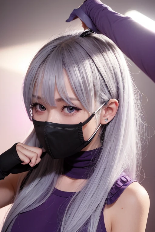 One girl, Gray Hair, Multicolored Hair, Purple eyes, Mask on head, Side light, Particles of light, wallpaper, Arm Up, sweating