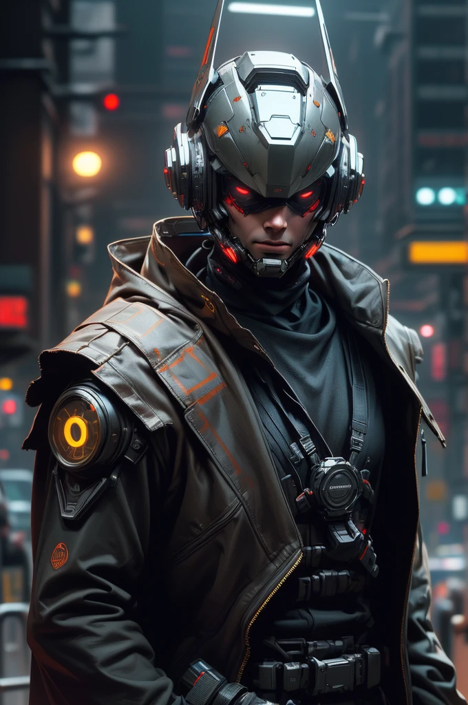 (best quality:1.3), (best performance:1.2), (best illustration:1.2), (Comic style:1.2), (artistic cinematic lighting:1.2) (1man) wearing futuristic electronic robes Cyberpunk technological, his body is covered by metallic parts, in a cinematic horror movie background in a futuristic Cyberpunk city, (wearing a technological electronic helmet:1.2)