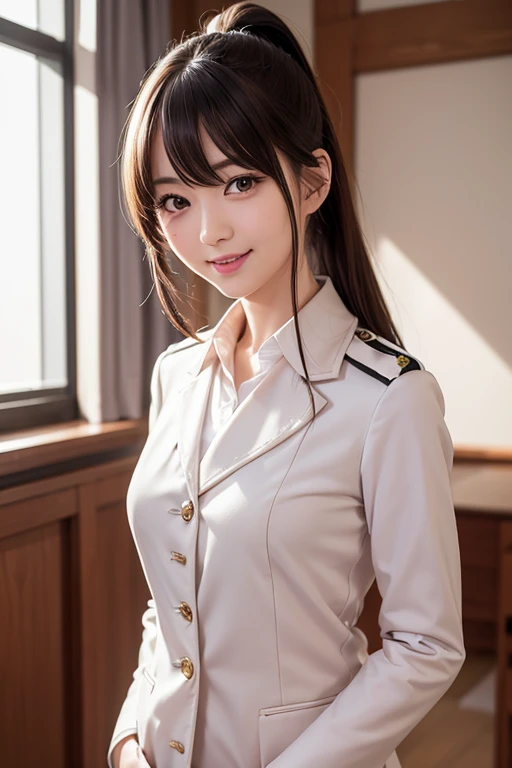 Iris, woman1名, (woman)), alone, Genuine, highest quality, photoGenuineistic, masterpiece, 8k, High Definition, alone, High Definitionの顔, Soft lighting, Bedroom, ((Daytime)), null, (looking at the camera), (Portraiture: 0.6), whole body, (Medium Hair), ponytail, Brown Hair, Floating Hair, lips, lipstick, seductive smile, Floating Hair, smile, Open your mouth, teeth, eyelash, Nogizaka46, Moeka Tada, Akari Suda, Idol, beautiful girl, ((uniform)), (((Are standing))