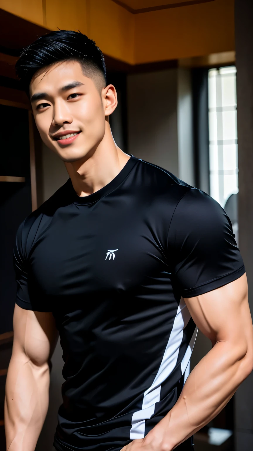 1 man, handsome , smile, (halter neck t-shirt , black shirt only ,Short sleeve shirt), black sweatpants, Korean guy, chest muscles, large arm muscles, blood vessel, Big muscles, Broad shoulders, looking at the audience, Balancing the eyes, (in modern house:1.3)