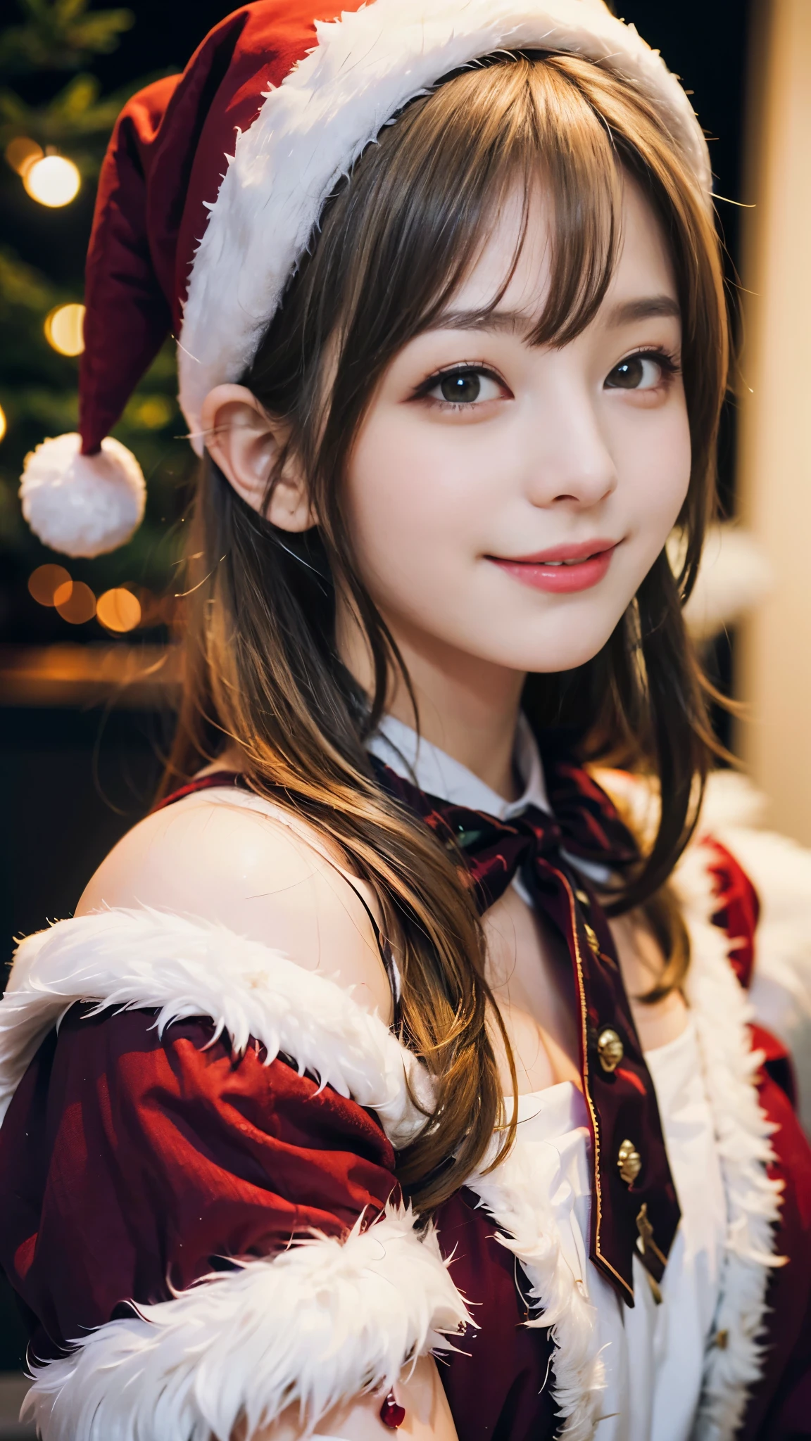 ((highest quality、Masterpiece、High resolution))、(((Zoom photo of upper body)))、(A shy smile:1.2)、One 15-year-old female、Beautiful Skin、Beautiful Eyes、Santa Claus、Trimmed bangs、Blonde Hair
