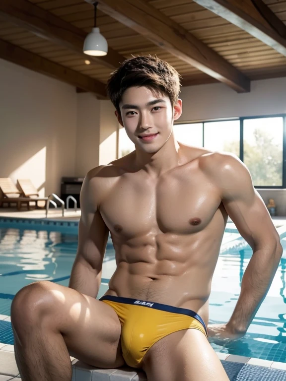 Korean man , teenager 、Toothy smile、shoot from below , Shiny yellow