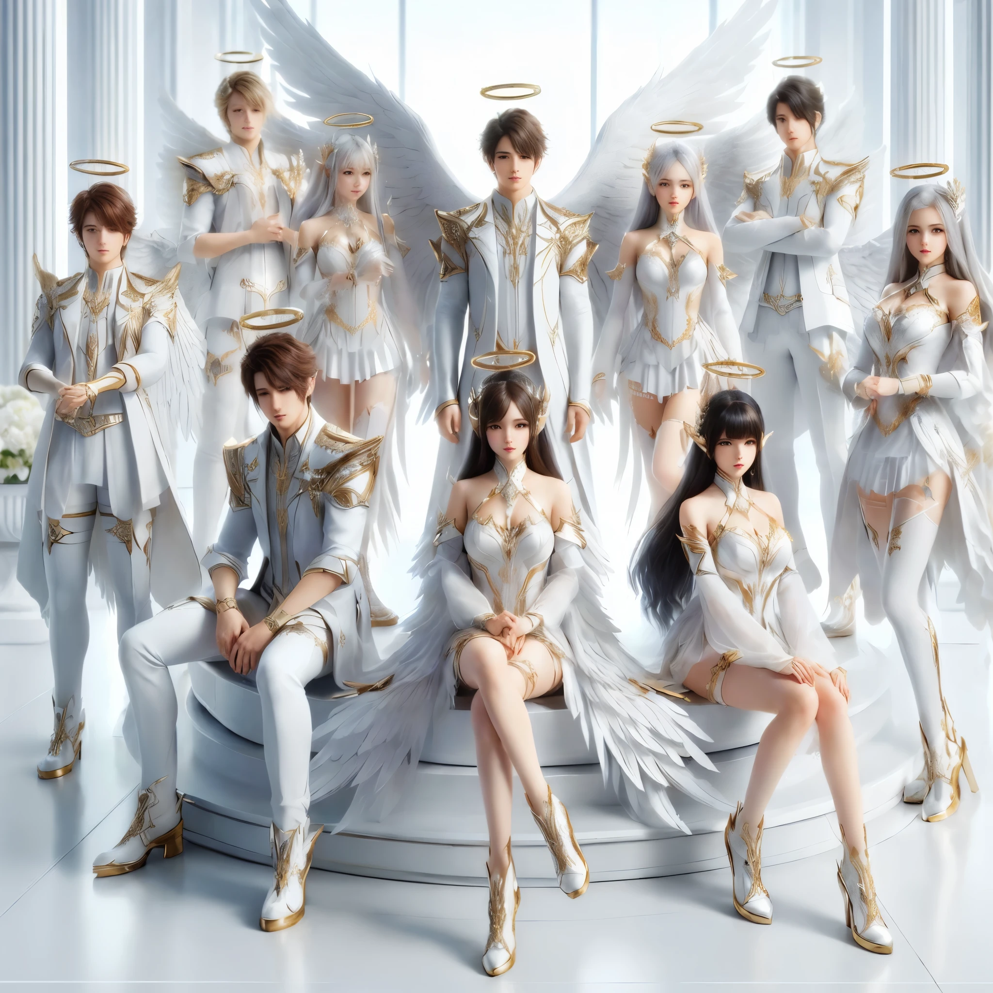 arafed group of people dressed in white and gold posing for a picture, angelic purity, white wings, angels, trending on cgstation, aion, angelic, infinite angelic wings, one angel, lineage 2 revolution style, from lineage 2, full - body majestic angel, silver wings, angels in white gauze dresses, biblically accurate angels