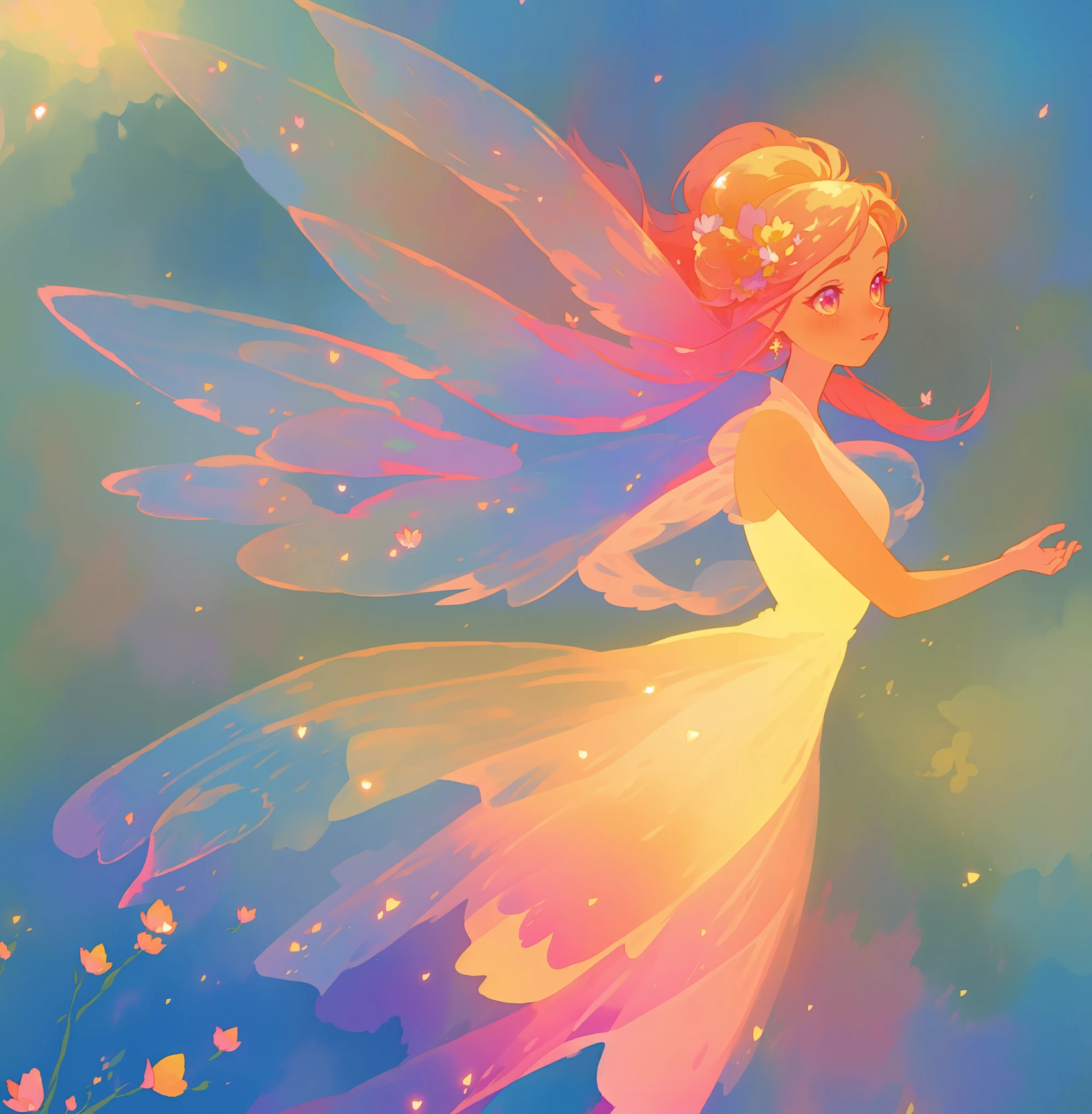 beautiful fairy girl in a sparkling layered dress, long flowing pink peach red hair, (large sparkling colorful fairy wings on her back), colorful fantasia background, flowers meadow, watercolor illustration, disney art style, glowing aura around her, glowing lights, beautiful digital illustration, fantasia otherworldly landscape plants flowers, beautiful, masterpiece, best quality, anime disney style, beautiful face, golden ratio