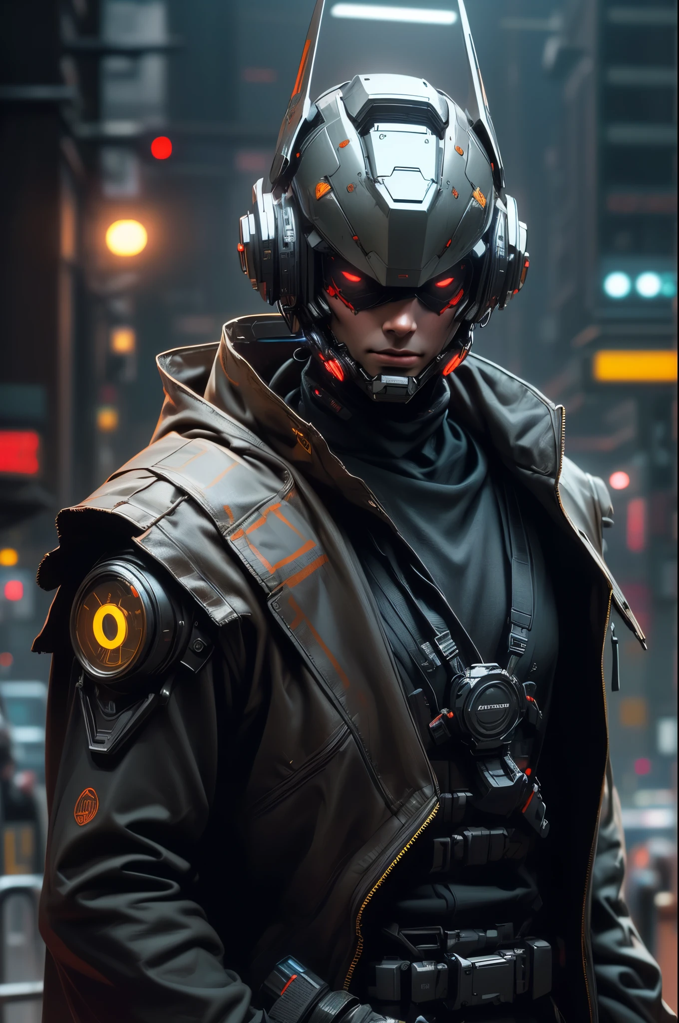 (best quality:1.3), (best performance:1.2), (best illustration:1.2), (Comic style:1.2), (artistic cinematic lighting:1.2) (1man) wearing futuristic electronic robes Cyberpunk technological, his body is covered by metallic parts, in a cinematic horror movie background in a futuristic Cyberpunk city, (wearing a technological electronic helmet:1.2)