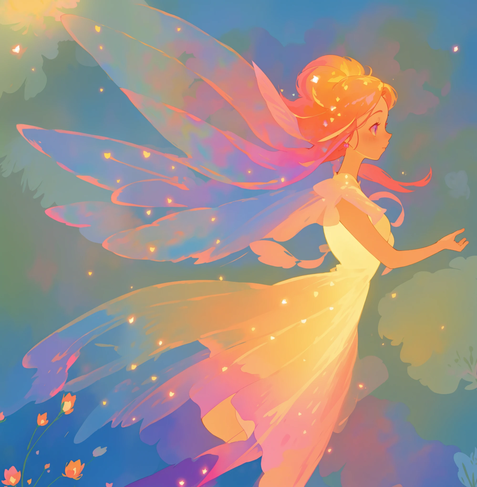 beautiful fairy girl in a sparkling layered dress, long flowing pink peach red hair, (large sparkling colorful fairy wings on her back), colorful fantasia background, flowers meadow, watercolor illustration, disney art style, glowing aura around her, glowing lights, beautiful digital illustration, fantasia otherworldly landscape plants flowers, beautiful, masterpiece, best quality, anime disney style, beautiful face, golden ratio