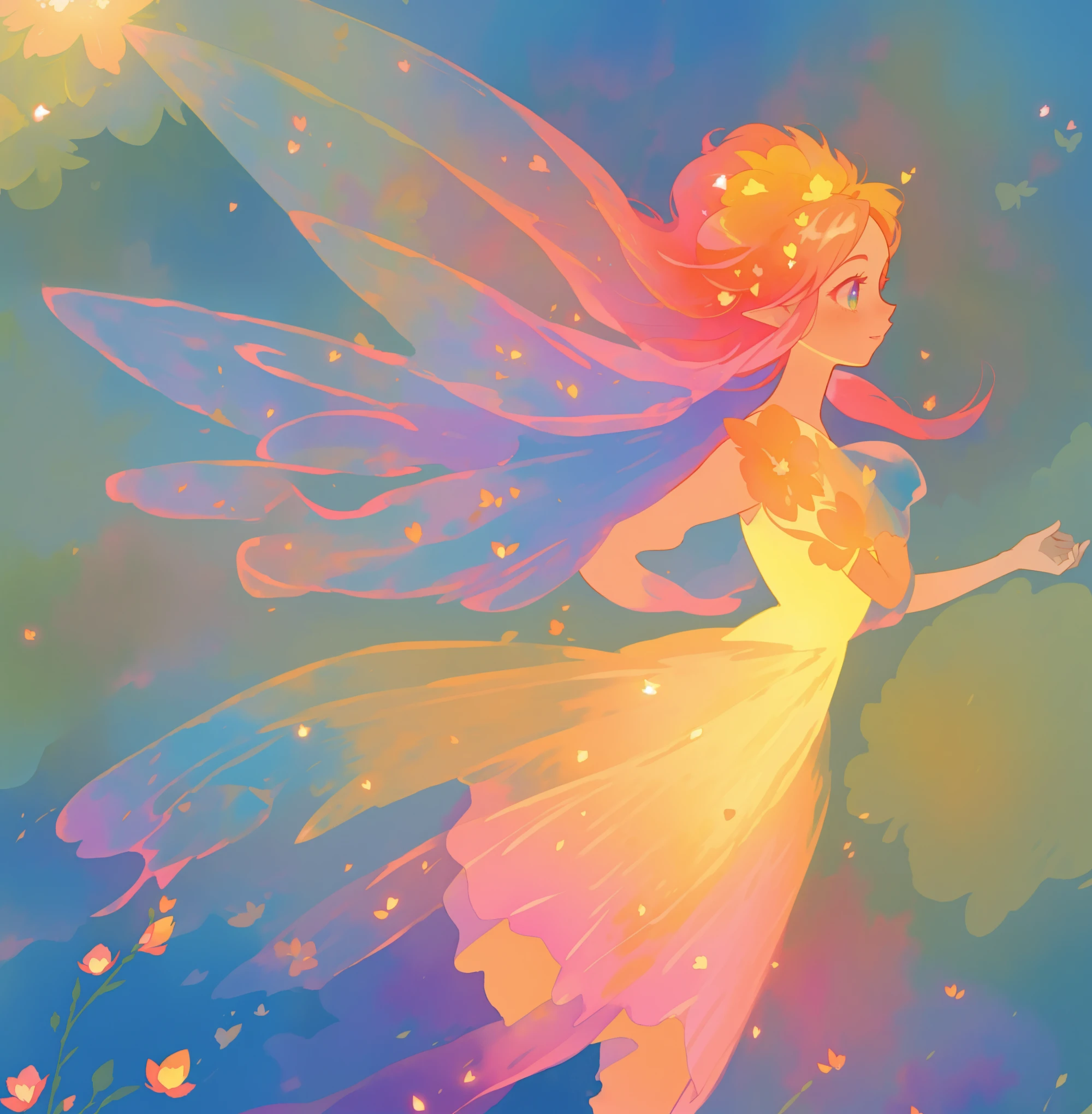 beautiful fairy girl in a sparkling layered dress, long flowing pink peach red hair, (large sparkling colorful fairy wings on her back), colorful fantasia background, flowers meadow, watercolor illustration, disney art style, glowing aura around her, glowing lights, beautiful digital illustration, fantasia otherworldly landscape plants flowers, beautiful, masterpiece, best quality, anime disney style, beautiful face, golden ratio