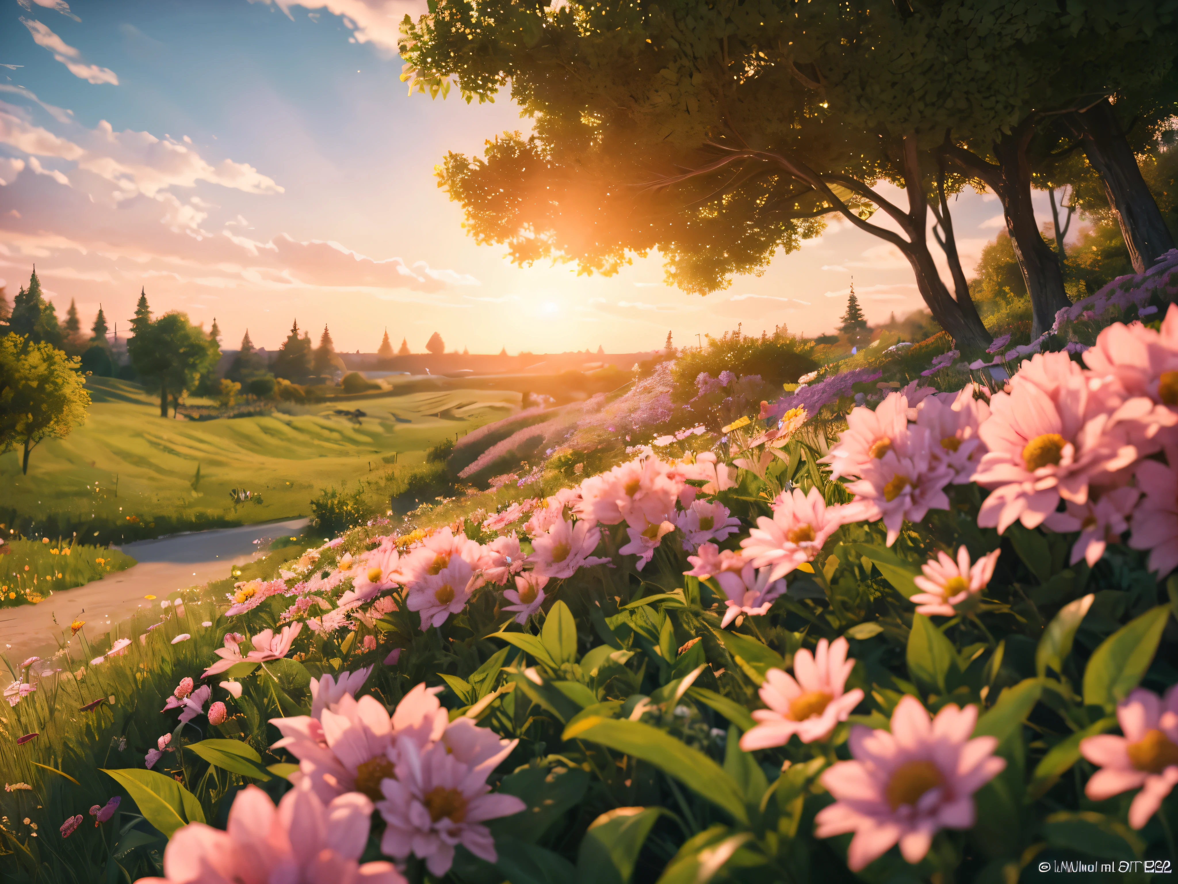 T Bokeh, Depth of Field, HDR, Bloom, Chromatic Aberration, and Intricat (illustration: 1.0), epic composition, realistic lighting, HD details, masterpiece, best quality, (very detailed CG unified 8k wallpaper), (((no people))), sunset, big flowers and grass, macro