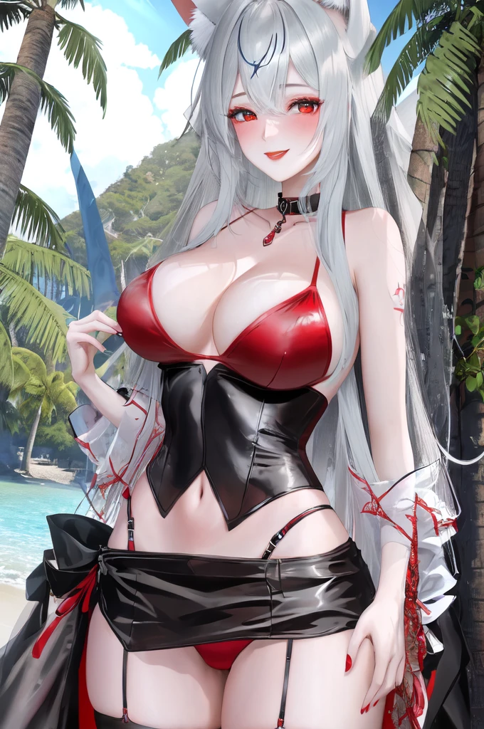1 girl、red lips,Red lace bikini,White socks,Slim,Large Breasts,The facial details are extremely detailed, Smile,handcuffs,collar,Black long hair, Charming red eyes, Fox ears, Ridiculously big, radiant skin,Standing on the beach,ocean,seawater,coconut tree