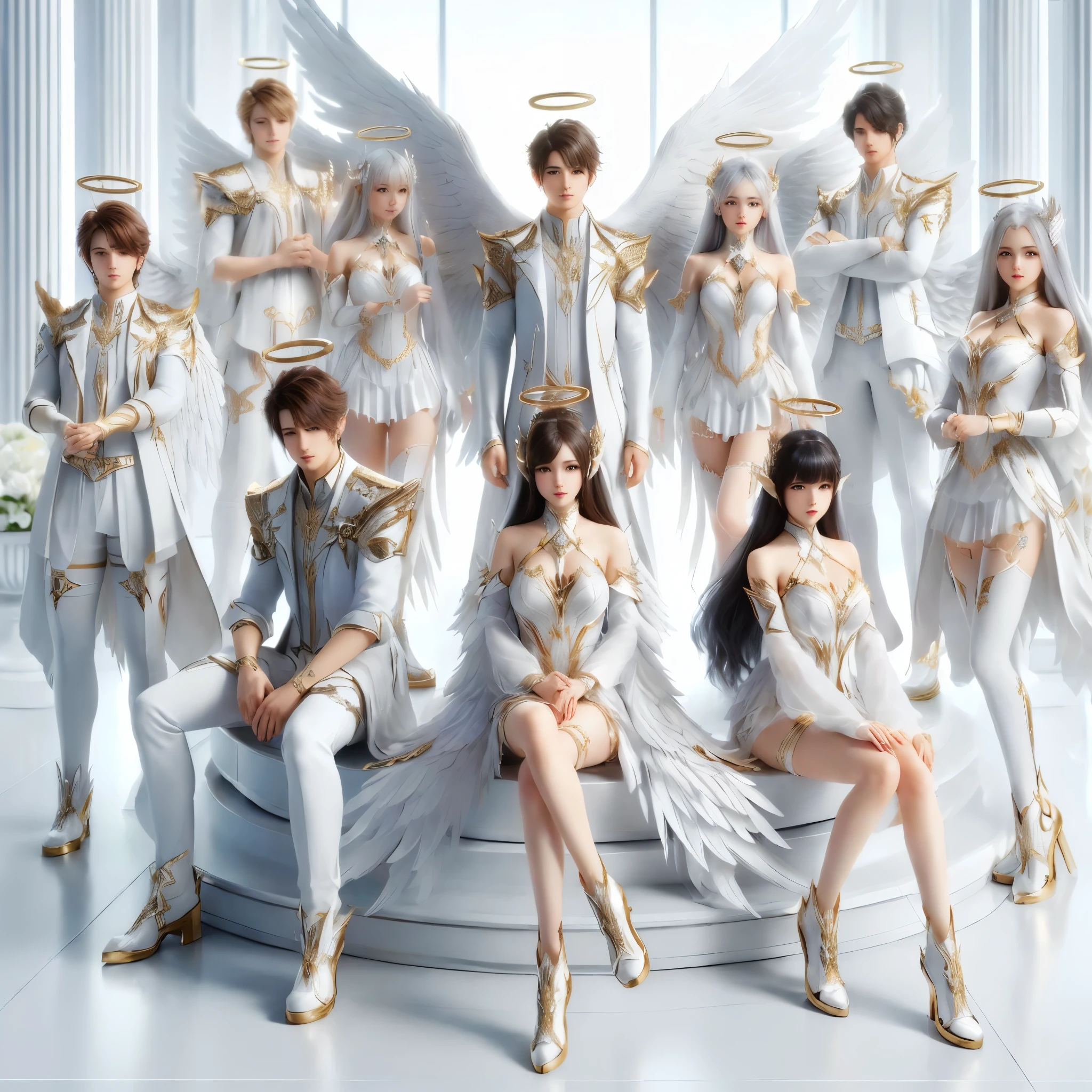 arafed group of people dressed in white and gold posing for a picture, angelic purity, white wings, angels, trending on cgstation, aion, angelic, infinite angelic wings, one angel, lineage 2 revolution style, from lineage 2, full - body majestic angel, silver wings, angels in white gauze dresses, biblically accurate angels