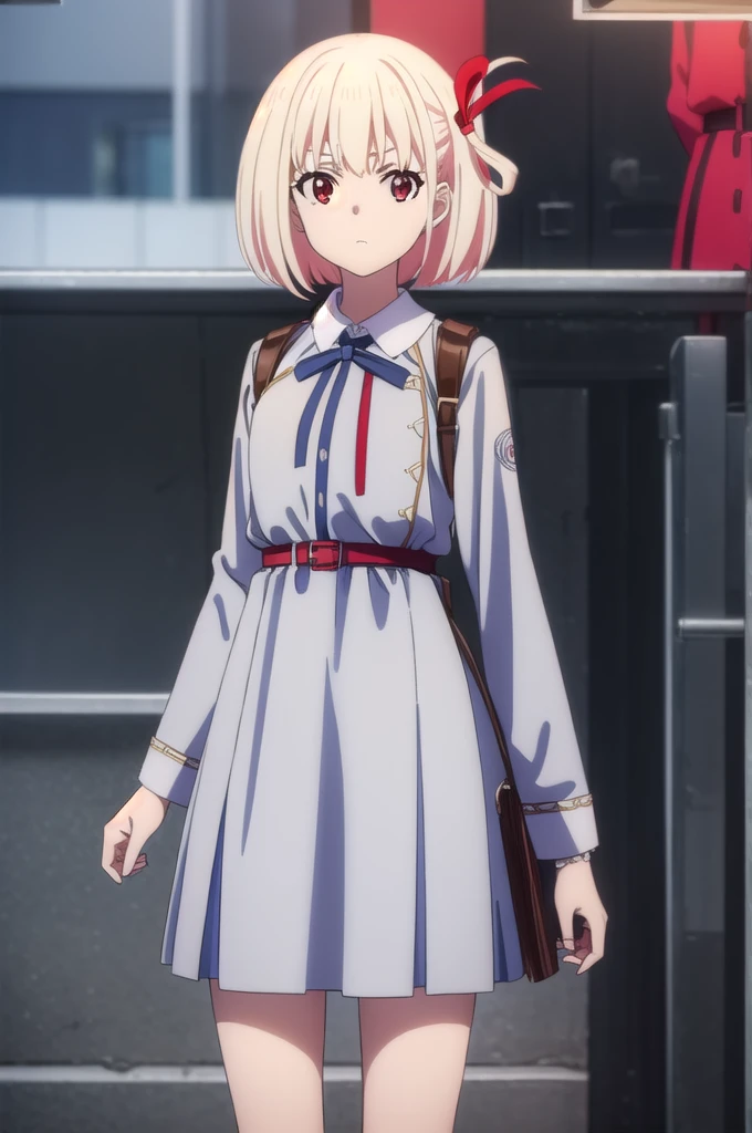 chisatonishikigi, Chisato Nishikigi, vtuber-fullbody,Standing figure moving forward towards the viewer、short hair, bangs, Blonde Hair, (Red eyes:1.5), hair ribbon, One side up, Bobcut,
break shirt, Long sleeve, dress, ribbon, White shirt, Collared shirt, belt, neck ribbon, red dress, blue ribbon, pleated dress, grey dress, two-tone dress, red belt, Uniform sake,Black knee socks、Black coin loafers、
break outdoors, city,
break looking at viewer, (Cowboy Shot:1.5),
break (masterpiece:1.2), highest quality, High resolution, unity 8k wallpaper, (figure:0.8), (Beautiful fine details:1.6), Highly detailed face, Perfect lighting, Highly detailed CG, (Perfect hands, Perfect ???????),