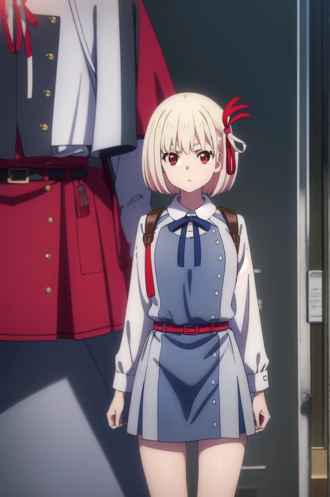 chisatonishikigi, Chisato Nishikigi, vtuber-fullbody,Standing figure moving forward towards the viewer、short hair, bangs, Blonde Hair, (Red eyes:1.5), hair ribbon, One side up, Bobcut,
break shirt, Long sleeve, dress, ribbon, White shirt, Collared shirt, belt, neck ribbon, red dress, blue ribbon, pleated dress, grey dress, two-tone dress, red belt, Uniform sake,Black knee socks、Black coin loafers、
break outdoors, city,
break looking at viewer, (Cowboy Shot:1.5),
break (masterpiece:1.2), highest quality, High resolution, unity 8k wallpaper, (figure:0.8), (Beautiful fine details:1.6), Highly detailed face, Perfect lighting, Highly detailed CG, (Perfect hands, Perfect Anatomy),