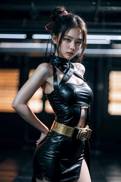 A woman dressed in a stylized ninja outfit, predominantly black with red accents, suggesting a blend of traditional ninja garb with modern elements. The outfit includes a mask covering the lower half of her face, leaving her eyes visible. These eyes convey a confident and almost playful expression. Her hair is dark and long, tied back to not obstruct her vision or movement, with a touch of red matching the accents of her attire. She is adorned with what appear to be armguards and a utility belt, likely equipped with various tools and essential weapons for a ninja. A katana is seen tied to her back. The clothing is form-fitting., masterpiece, textured skin, highres