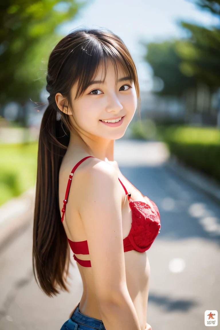 (The body is facing the viewer), (the body is facing the front), Lens 135mm f1.8, (highest quality),(RAW photo), , (Beautiful  old Japanese girl), cute face, (deeply carved face:0.7), (freckles:0.6), ,dramatic , (japanese school (croptop) light_red bra), (inside the school), shy, low twintails, , (smile),, (sparkling eyes)、(full_body standing),((photo from the thigh up)) ,