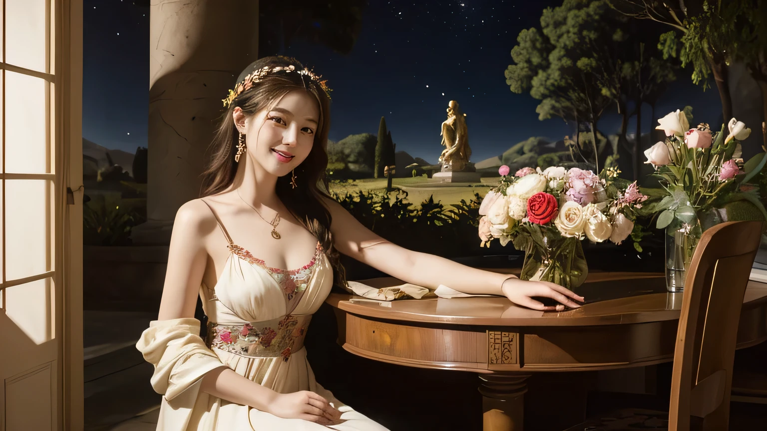 Giorgione painting style,Arguments of two female Philosophe,math、astronomical machine、astronaut、roses in vase、fruits、Cute trinkets、smile、ancient greek costume、Background is a forest lake at night 、Clothes that stretch your shoulders、A big smile、beautiful bare skin、A detailed representation of the seducing woman throughout her body.