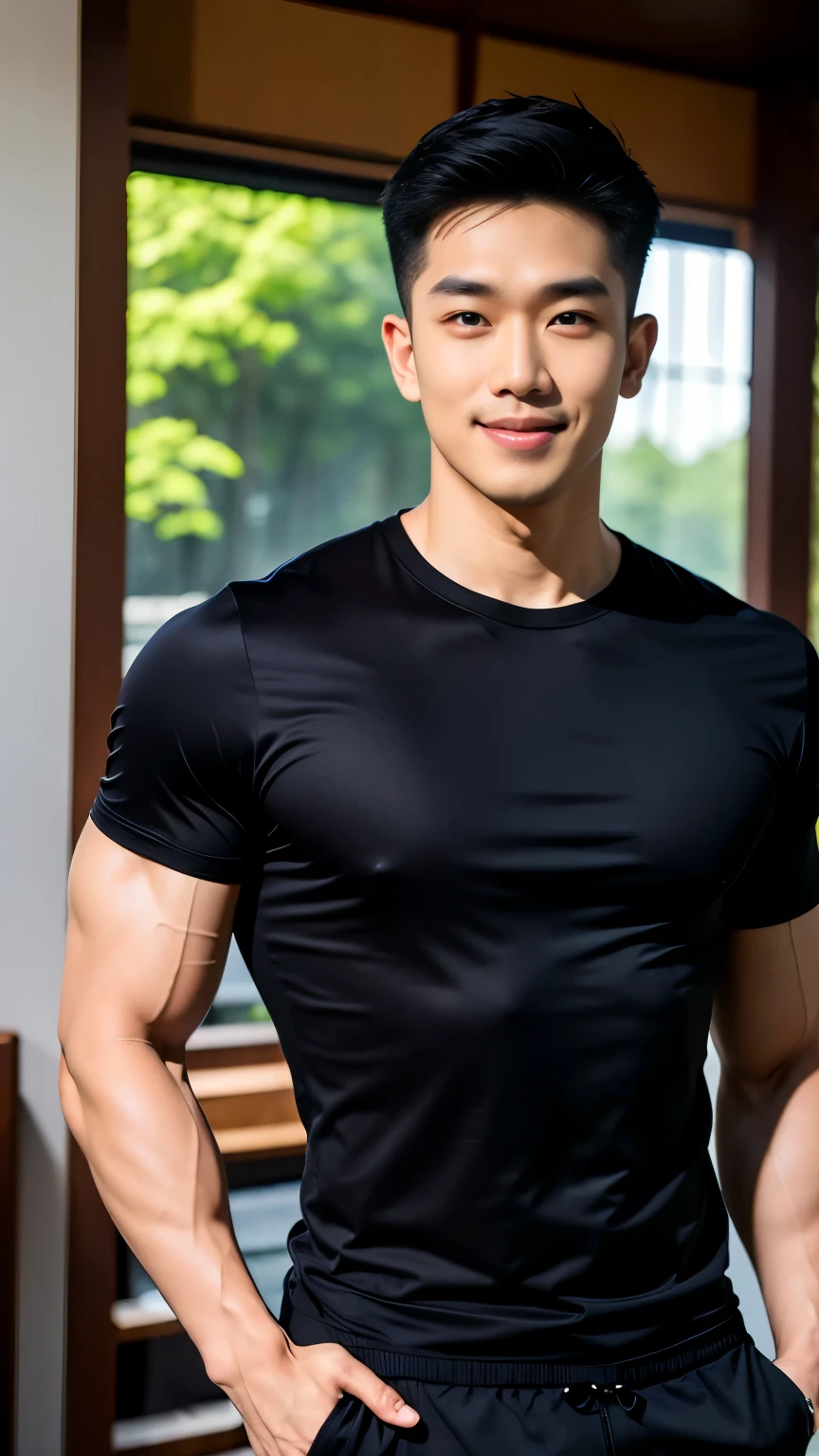 1 man, handsome , smile, (halter neck t-shirt , black shirt only ,Short sleeve shirt), black sweatpants, Korean guy, chest muscles, large arm muscles, blood vessel, Big muscles, Broad shoulders, looking at the audience, Balancing the eyes, (in modern house:1.3)