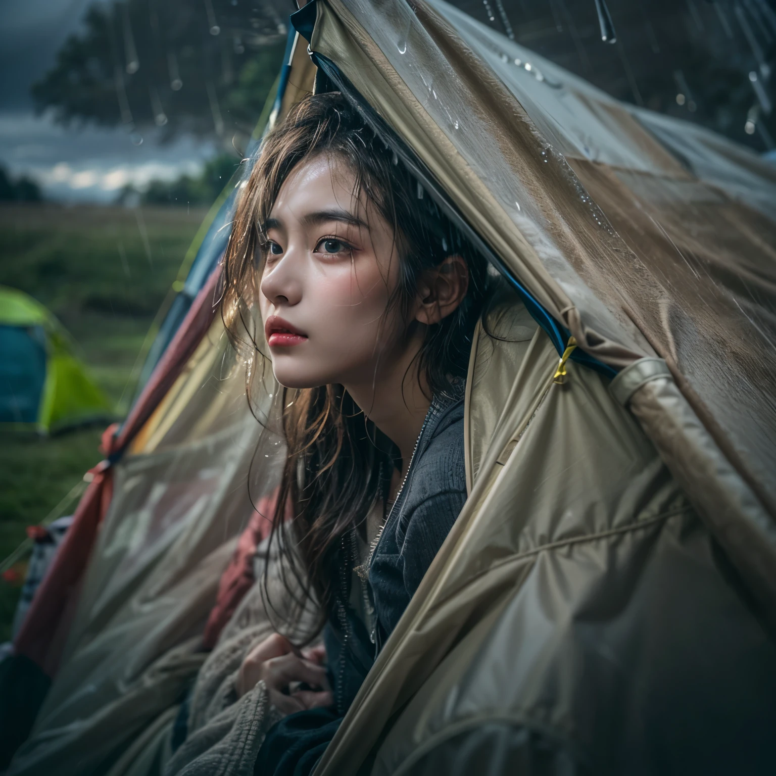 (A young and extremely beautiful woman watches the rain from her tent:1.5)、Outdoor camping in the rain、heavy rain、Pouring rain、motion blur effect、Beautiful detailed eyes、Beautiful detailed lips、Highly detailed eyes and face、Long eyelashes、Detailed camping equipment、Wet grass、raindrop、Cloudy、(Long Shot)、Moody lighting、atmosphere、Natural Tone、Cinematic、8K、high quality、masterpiece、Photorealistic