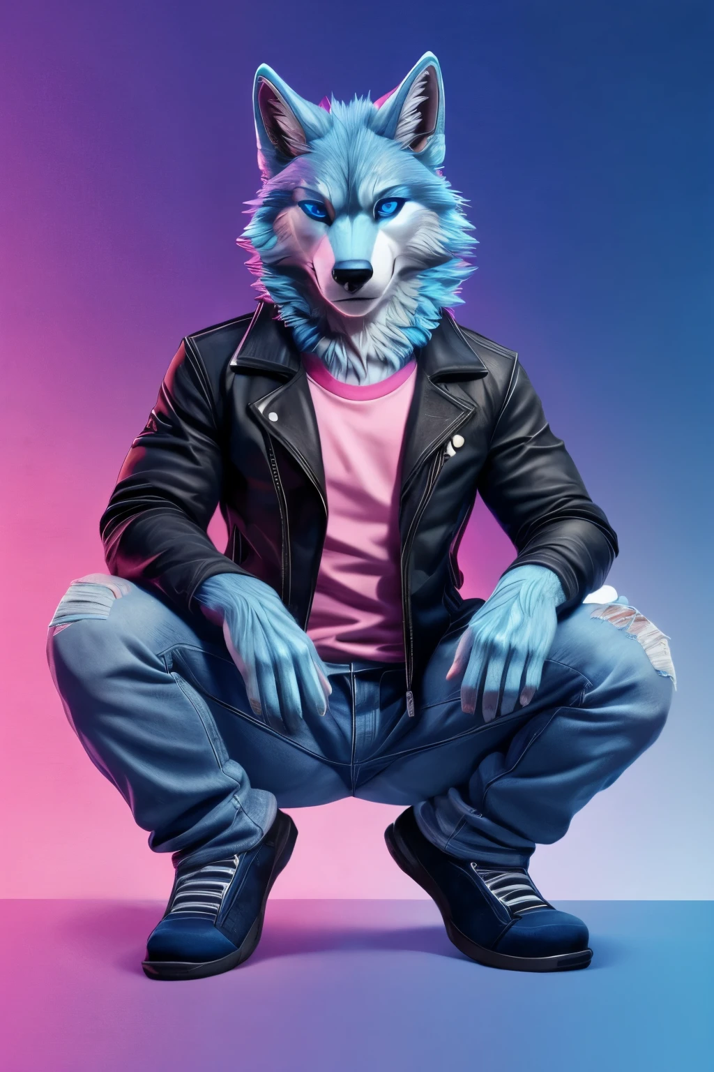 Male blue wolf furry squat legs open pose blue jeans and pink shirts black jacket pink blue gradient background blue eyes