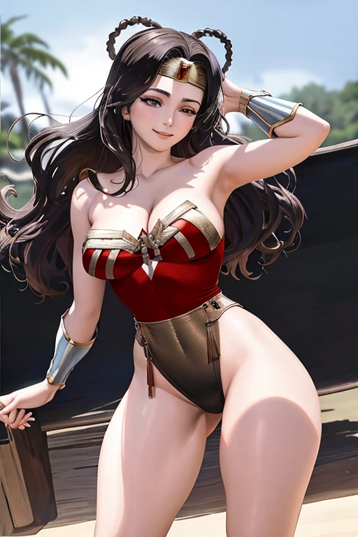 masterpiece, best quality, beautiful art, high resolution, well formed hands, body and fingers, 1 woman, solo, Xiangling, wearing a wonder woman outfit , tiara , long hair,, adult, big breasted, cleavage, full body, sexy and skimpy outfit , gorgeous legs and thighs , dancing seductively and erotically, turning backwards and forwards, showing her back and front, showing her butt, bikini thong, smiling joyfully, looking at the viewer, flirting, beach environment