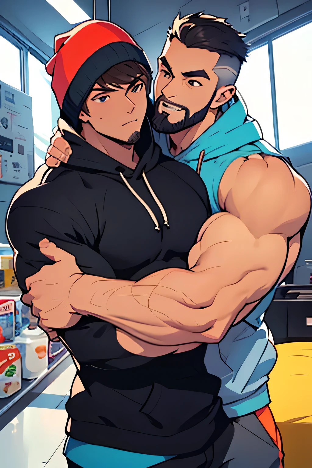 two guys, sweet, twunk, sleeveless hoodie, hug