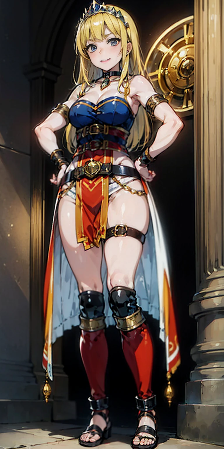 full body whole body 1sologirl loincloth standing warrior proud expression, hands on hips, loincloth standing, hands on hips, metal sandals, choker, big belt, view from below, feet together, bracers, tiara
