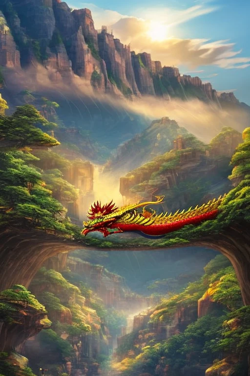 So sublime and divine々A beautiful golden dragon floats in the center of the screen, glaring at the camera.。金色のThe dragon is幸せをもたらす神なのでとても有難い存在である。The surrounding area is a canyon where no one can get close, and lightning is flashing in the background.、The sun is shining brightly。The dragon is、I want a realistic image。A man standing at the bottom of the canyon is worshipping the dragon with gratitude.。