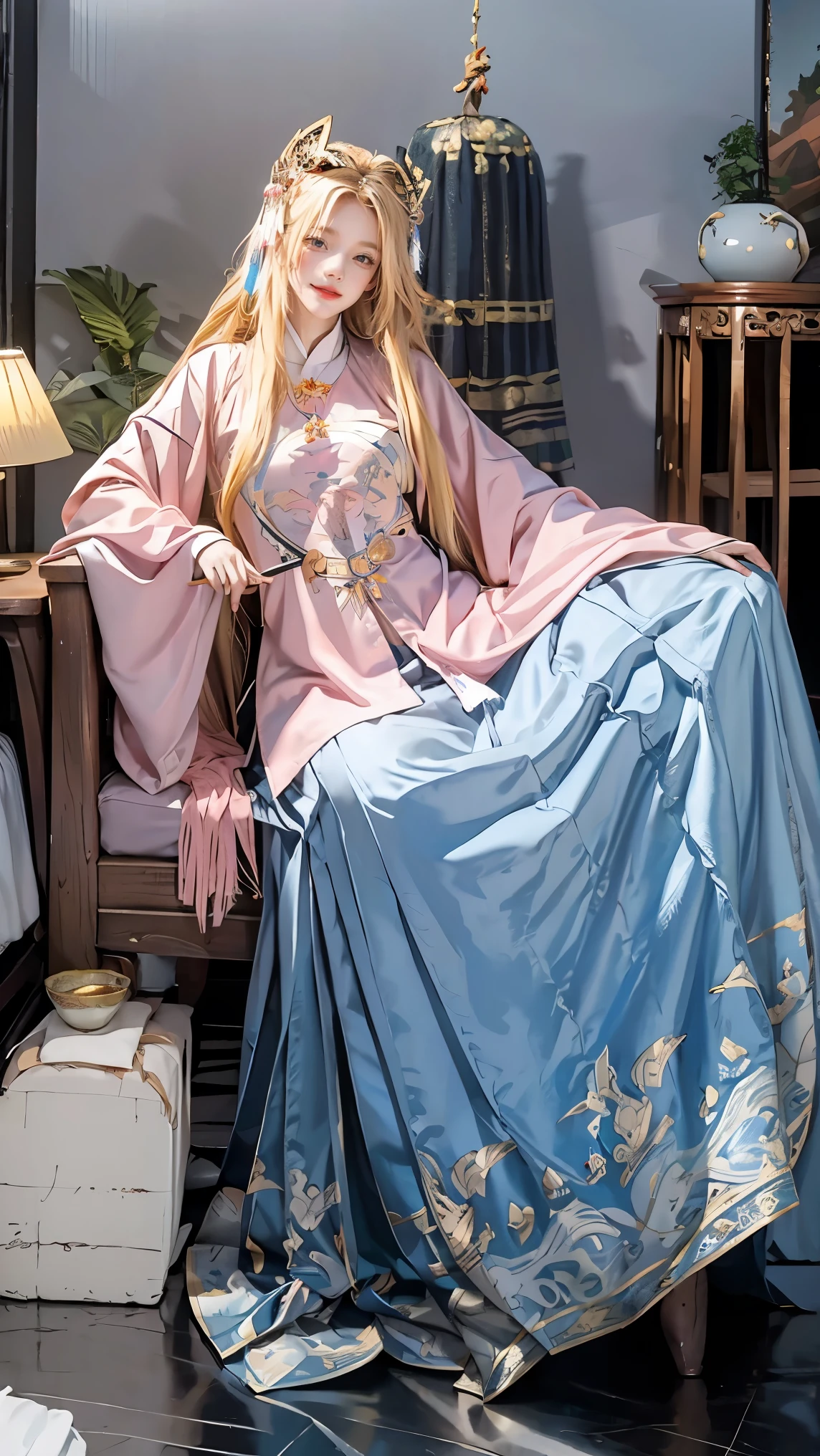 Best quality, masterpiece, ultra high res, raw photo, beautiful and aesthetic, deep shadow, fairy theme,(ultra detailed:1.3),
1girl, sexy pose, headdress, drill hair, long hair, blonde hair, gradient hair, yellow eyes, solo, huge breasts, big hair, blue hair, divine goddess, looking at viewer, indoors, modern bedroom, room full of curtain, astraea, full body, (pink chinese shirt),(white chinese long skirt), cowboy shot,
