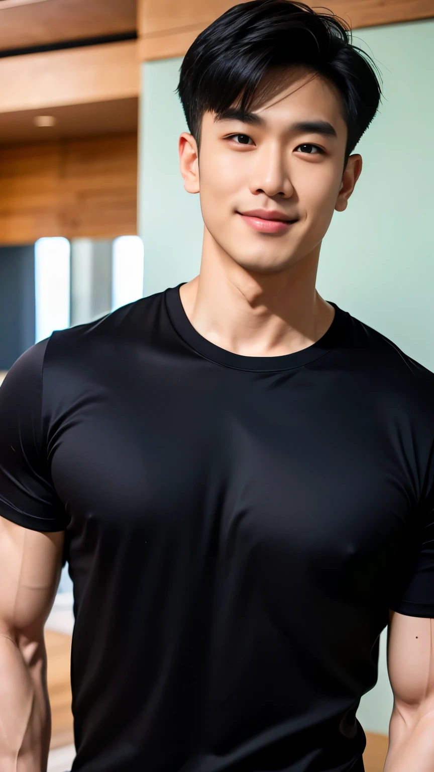 1 man, handsome , smile, (halter neck t-shirt , black shirt only ,Short sleeve shirt), black sweatpants, Korean guy, chest muscles, large arm muscles, blood vessel, Big muscles, Broad shoulders, looking at the audience, Balancing the eyes, (in modern house:1.3)