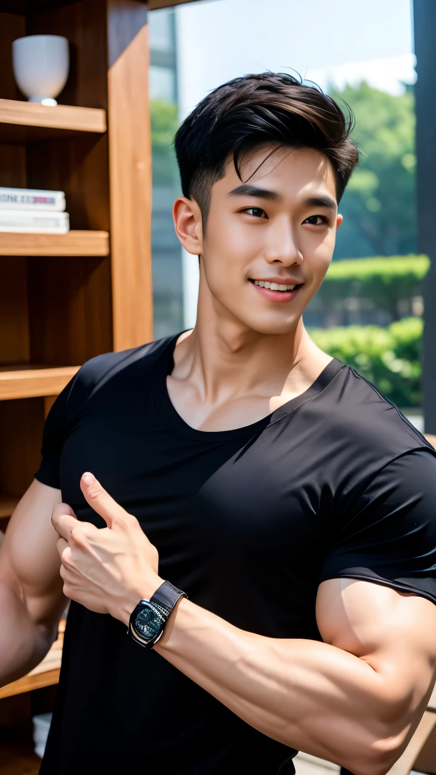 1 man, handsome , smile, (halter neck t-shirt , black shirt only ,Short sleeve shirt), black sweatpants, Korean guy, chest muscles, large arm muscles, blood vessel, Big muscles, Broad shoulders, looking at the audience, Balancing the eyes, (in modern house:1.3)