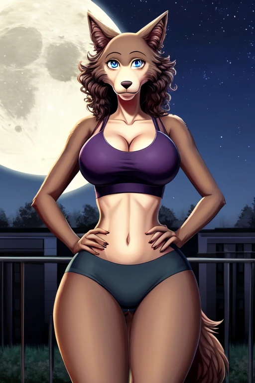 Beastars art style, beastars, Juno, brown wolf, she Wolf, 1girl, furry, long curly brown fur, slim figure, blue eyes, wide hips, Big breasts, crop top, cleavage, night time, moon