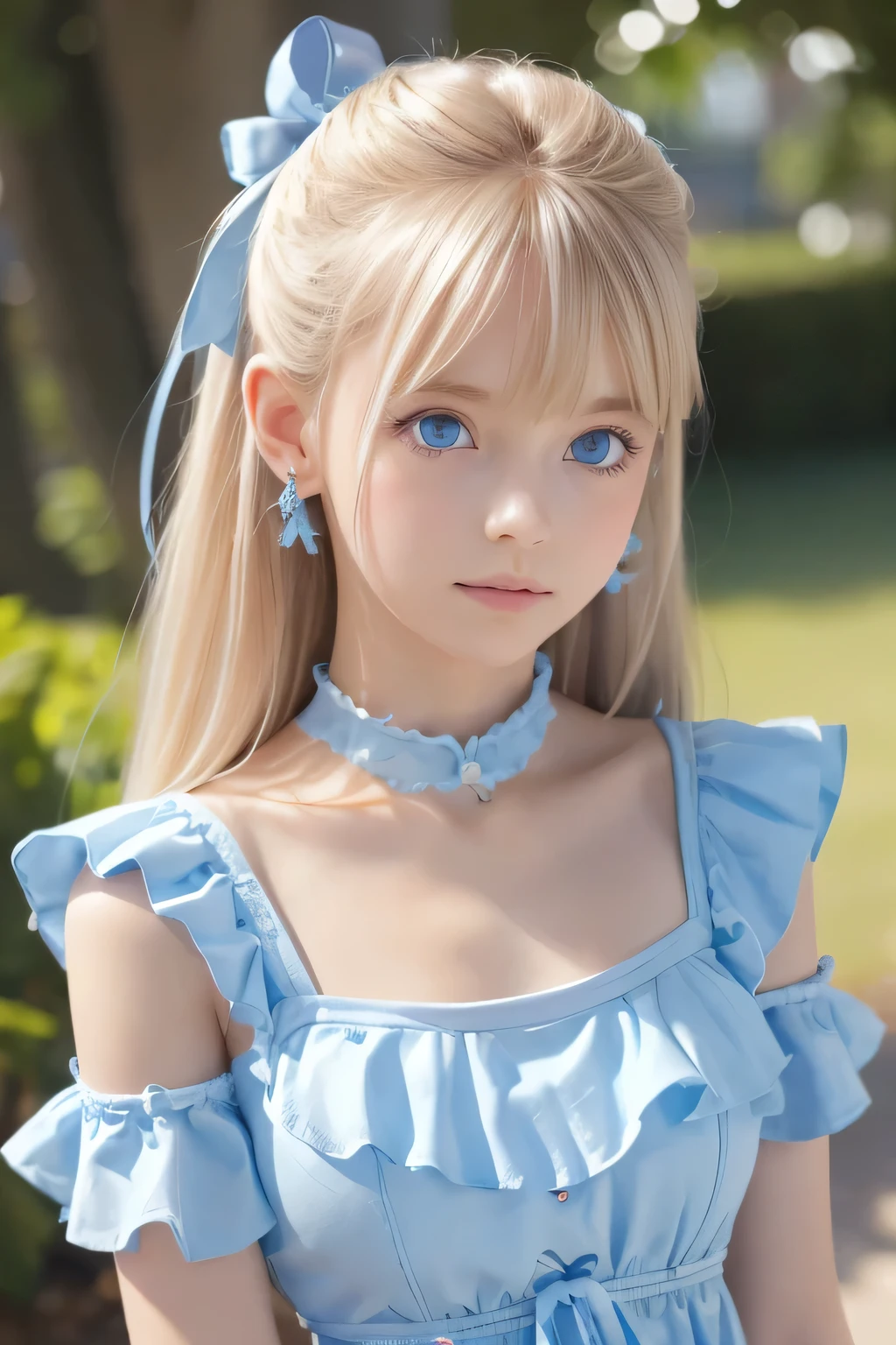 (Ultra-detailed), Cute light blue princess dress,(Frill dress),(Short sleeve),blue eyes,Upper Body、Close-up、face、Cute smile,Facing forward, 20-year-old, Teenage Girl,No tail,(No tail),2D, masterpiece, highest quality, And soul, Detailed Eyes, Big, bright, light blue eyes that shine beautifully、Detailed face, With a girl, Only one person,Blonde super long hair, (Blonde), Ear hair, , Single Blade, (Single Blade), (Side Blade), Pink ribbon, Ribbon on neck, (White sleeves), Background bokeh