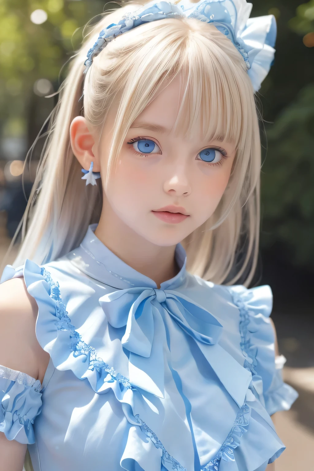 (Ultra-detailed), Cute light blue princess dress,(Frill dress),(Short sleeve),blue eyes,Upper Body、Close-up、face、Cute smile,Facing forward, 20-year-old, age Girl,No tail,(No tail),2D, masterpiece, highest quality, And soul, Detailed Eyes, Big, bright, light blue eyes that shine beautifully、Detailed face, With a girl, Only one person,Blonde super long hair, (Blonde), Ear hair, , Single Blade, (Single Blade), (Side Blade), Pink ribbon, Ribbon on neck, (White sleeves), Background bokeh