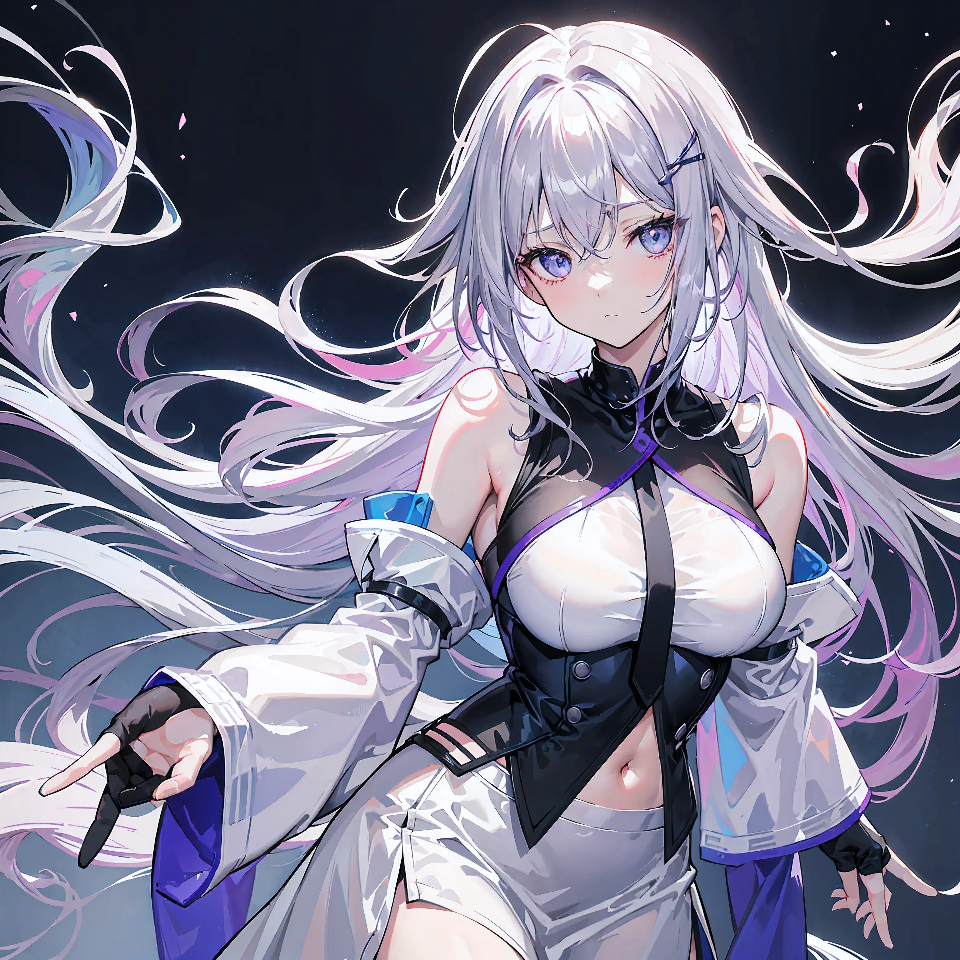 Light purple gradient hair,asymmetrical hair,（（Thick hair 1.8，Clear head outline 1.6））， Shoulder-length hair, messy hair, Very long hair, shiny hair，(long gray hair:1.2),A beautiful girl，（White school uniform, Black skirt，Navel，Bare shoulders，Blue tie）(Separate sleeves,Wide sleeves),(Fingerless gloves)，（Transparent clothes transparent 1.8），Perfect body，，(Looks sad，Looks haggard ，Grief，shut your mouth：1.2） With dark forest background，（round,Room, Firm breasts），Half-length photo。（avatar）
