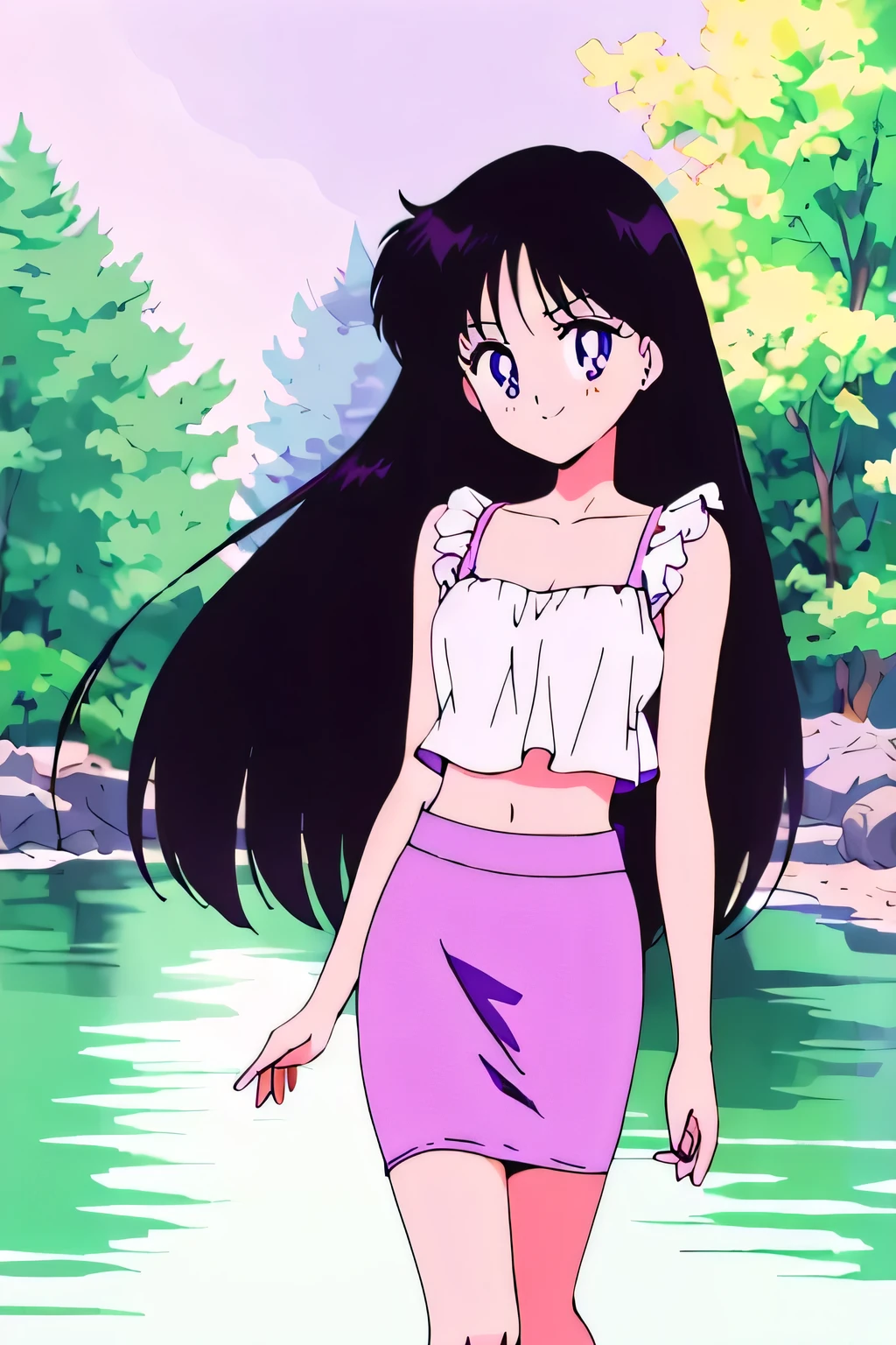 Long shot of Rei Hino standing on the shore of a pond in the forest, (retro anime girl:1.2), (masterpiece:1.2), (best quality), (ultra detailed), (8k,4k), (half body:1.2), (cowboy:1.2), (close up:1.2), (highly detailed:1.2), (White Ruffle Off-the-shoulder tank top:1.4), (purple skin tight pencil skirt:1.4), Rei Hino, 1 girl, solo, Best quality, masterpiece, High Definition, Teenager, Purple Eyes, Beautiful Detail Eyes, Black Hair, Long Hair, Good hands at sides, Smile, Blushing, Bare Neck, Bare Arms, Bare Shoulders, short sleeve, Strapless, White Ruffle Off-the-Shoulder Tank Top, purple skin tight pencil skirt, standing up, ((Gently bow to the surface of the water)) large strokes ,Easy brush strokes,Elegant mood, looking at viewers, forest, pond, sunset skies,