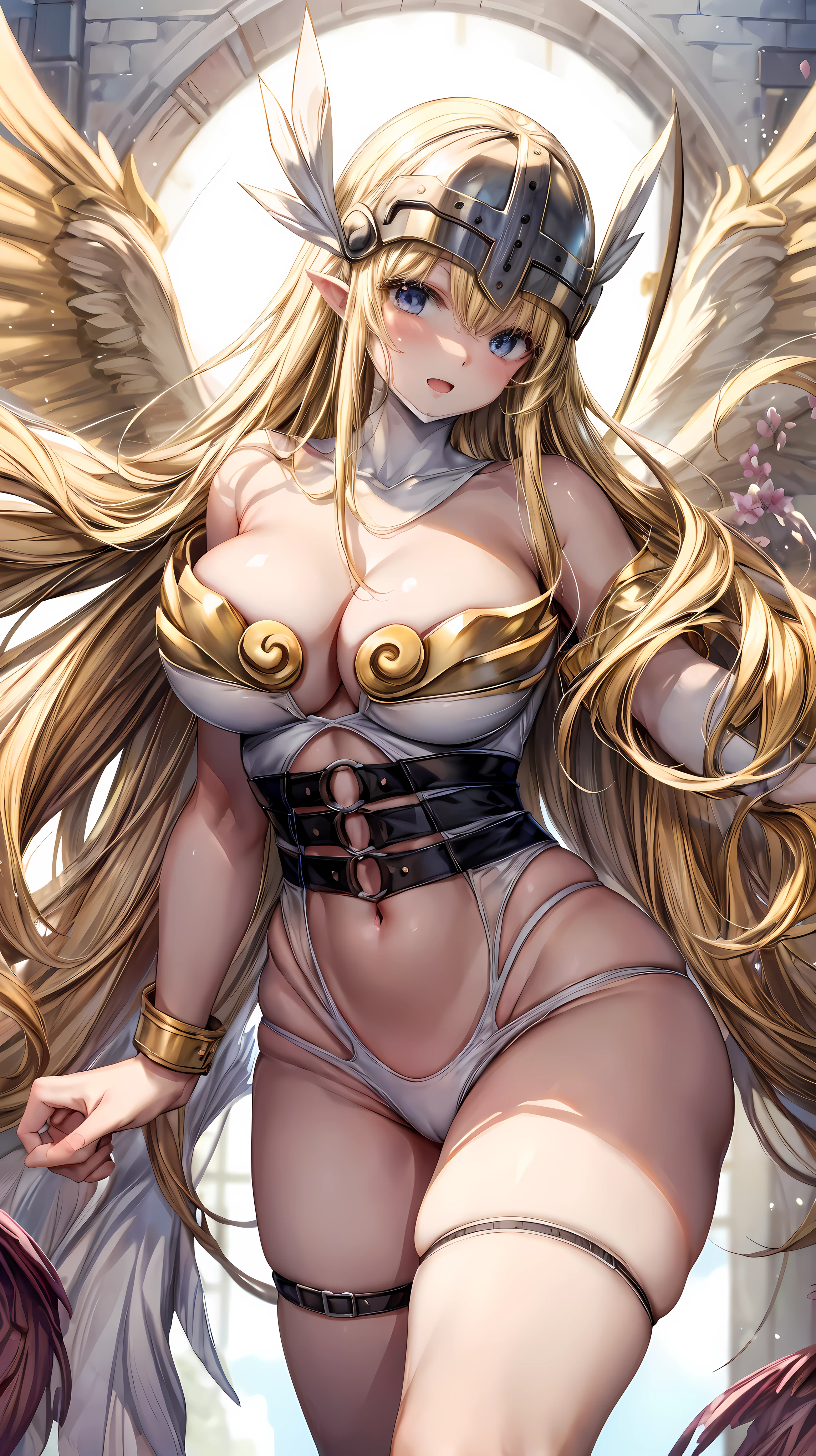 Very detailed、highest quality、Best image quality、masterpiece、8k、Angewomon、Anime Face、Winged Helmet、Open Mouth、(Blonde long hair:1.5)、(SFW Giant)、Cowboy Shot