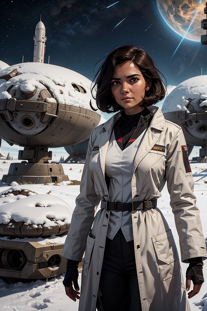 Ring World,Science Fiction,Sci-Fi Movies,Artillery,Long-Range Missiles,Based on the movie Foundation ,Woman,Adult,Protagonist,28 years old,hopeful face,brown eyes,short hairstyle,black hair with white gray,scientist uniform,white researcher coat,open meadow,rebel,chaotic,future world,world of socialism,snow,chaos