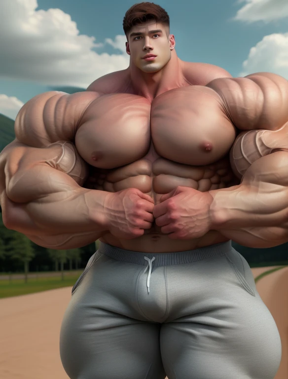 1 asian men, handsome, giant, buzz haircut, model shoot style, looking at camera, standing, straightened arms, outdoor, large dry meadows, strong body, bulk, naked, wear grey triangular underwear, bulge, big, brutalmass, giant, muscular body, bulk, massive body, large meaty body size, brown skin, huge arms, ballooning meaty chests. Realistic, intricate detail
