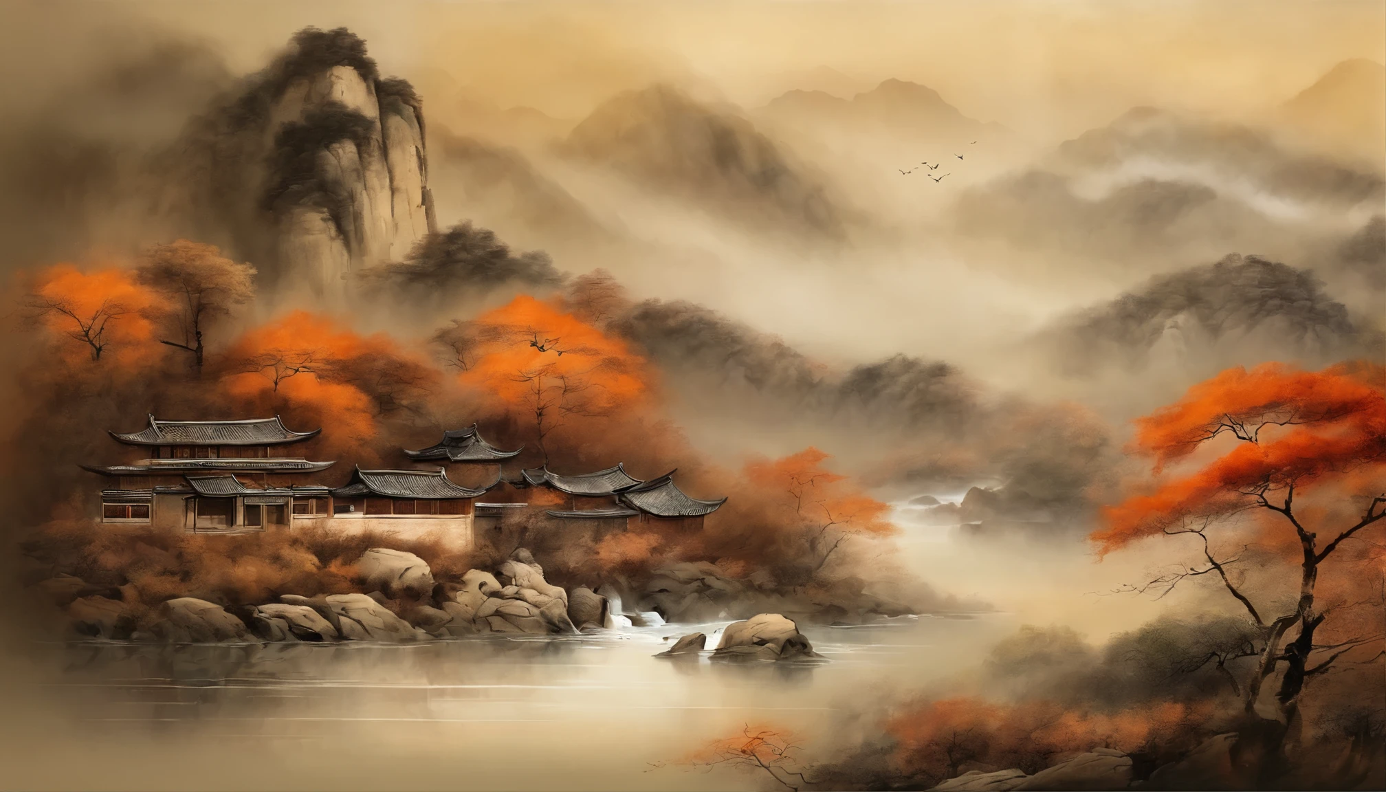 長江デルタ地域のlandscape,Traditional Chinese Painting、water ink、brown tones、landscape、Ancient Wind