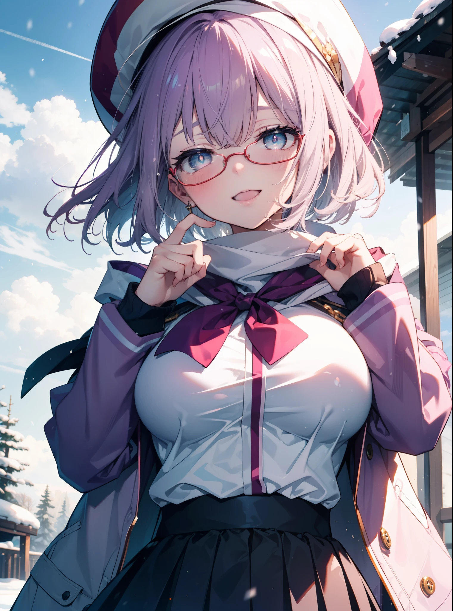 akaneshinjou, shinjou akane, Light purple hair, (Pink Eyes:1.2), short hair,Akagi glasses,hair band,,White Breath,Big Breasts,Purple Coat,White Sweater,happy smile, smile, Open your mouth,Black long skirt,Red muffler,Knitted hat,Daytime,cloudy,snow,snowが降り積もっている,whole bodyがイラストに入るように,
 break looking at viewer,whole body,               　　　　　　　 break outdoors 森, nature, 　　　　　　　　　　　break (masterpiece:1.2), highest quality, High resolution, unity 8k wallpaper, (shape:0.8), (Beautiful and beautiful eyes:1.6), Highly detailed face, Perfect lighting, Highly detailed CG, (Perfect hands, Perfect Anatomy),