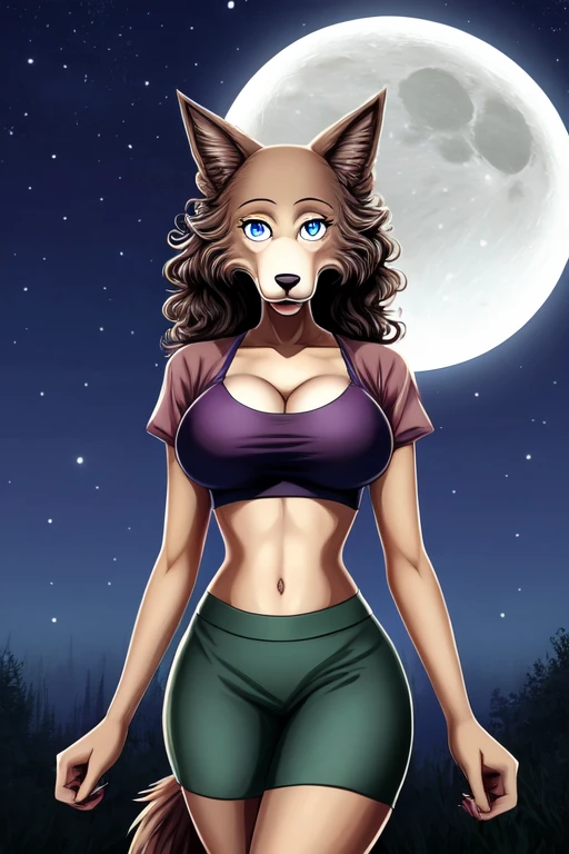 Beastars art style, beastars, Juno, brown wolf, she Wolf, 1girl, furry, long curly brown fur, slim figure, blue eyes, wide hips, Big breasts, crop top, cleavage, night time, moon