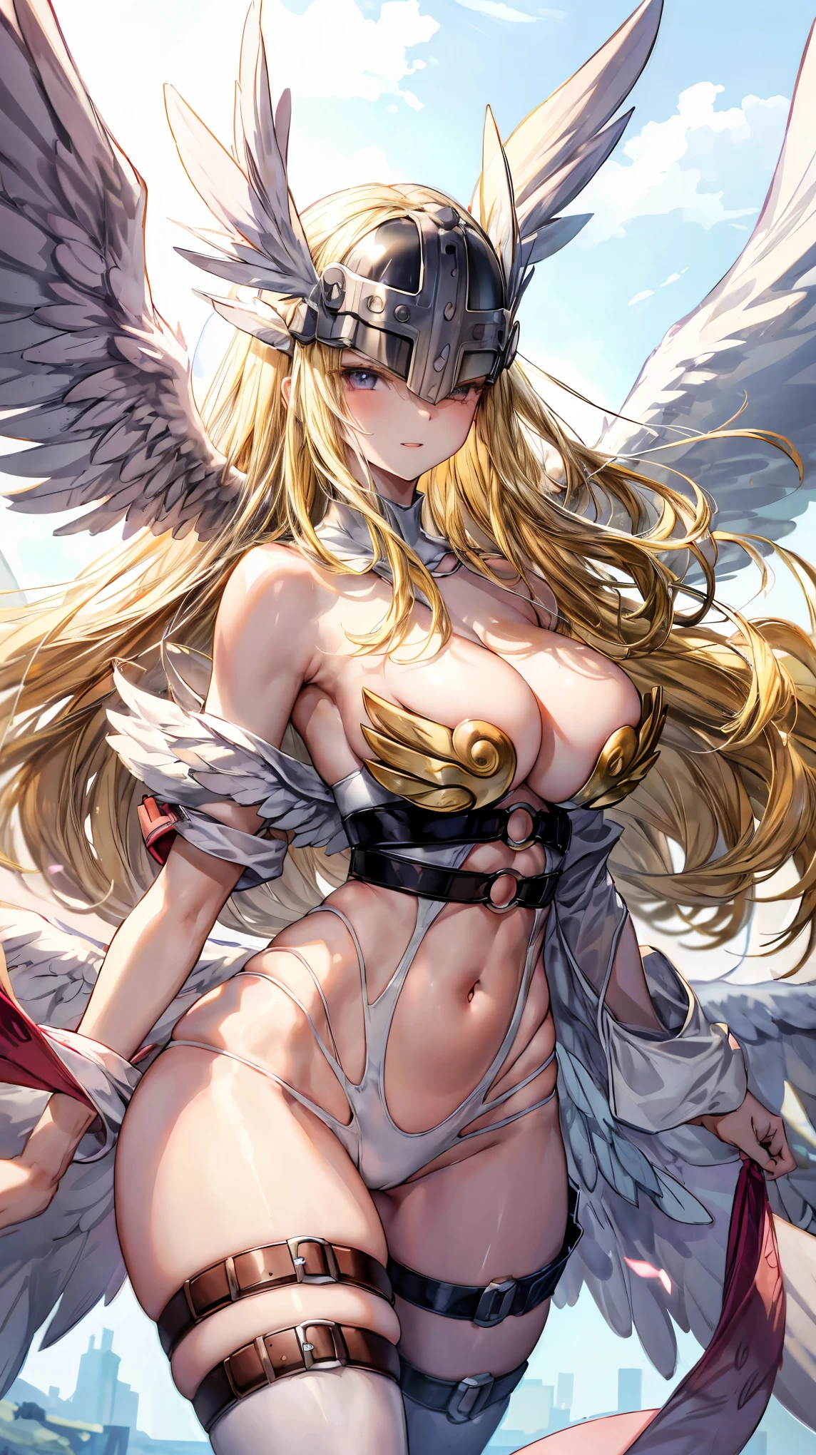 Very detailed、highest quality、Best image quality、masterpiece、8k、Angewomon、Anime Face、A kind smile、Open Mouth、(Blonde long hair:1.5)、(SFW Giant)、Cowboy Shot、angewomon, long hair, breasts, blonde hair, large breasts, huge breasts, ribbon, navel, cleavage, bare shoulders, closed mouth, wings, o-ring, belt, thigh strap, helmet, head wings, feathered wings, facing viewer, angel wings, white wings, asymmetrical clothes, covered eyes, multiple wings, digimon (creature), winged helmet;