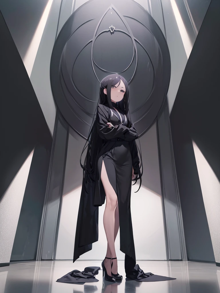 8K Delicate and perfect true 2D long hair eyes、A young, mature woman in black is wearing a black suit, Legs covered in black silk, Delicate face, Mature appearance(Full body photo)Leaning against a white wall, Looking to the future, His face is cold、Cartoon character in business suit standing at the entrance of an office building