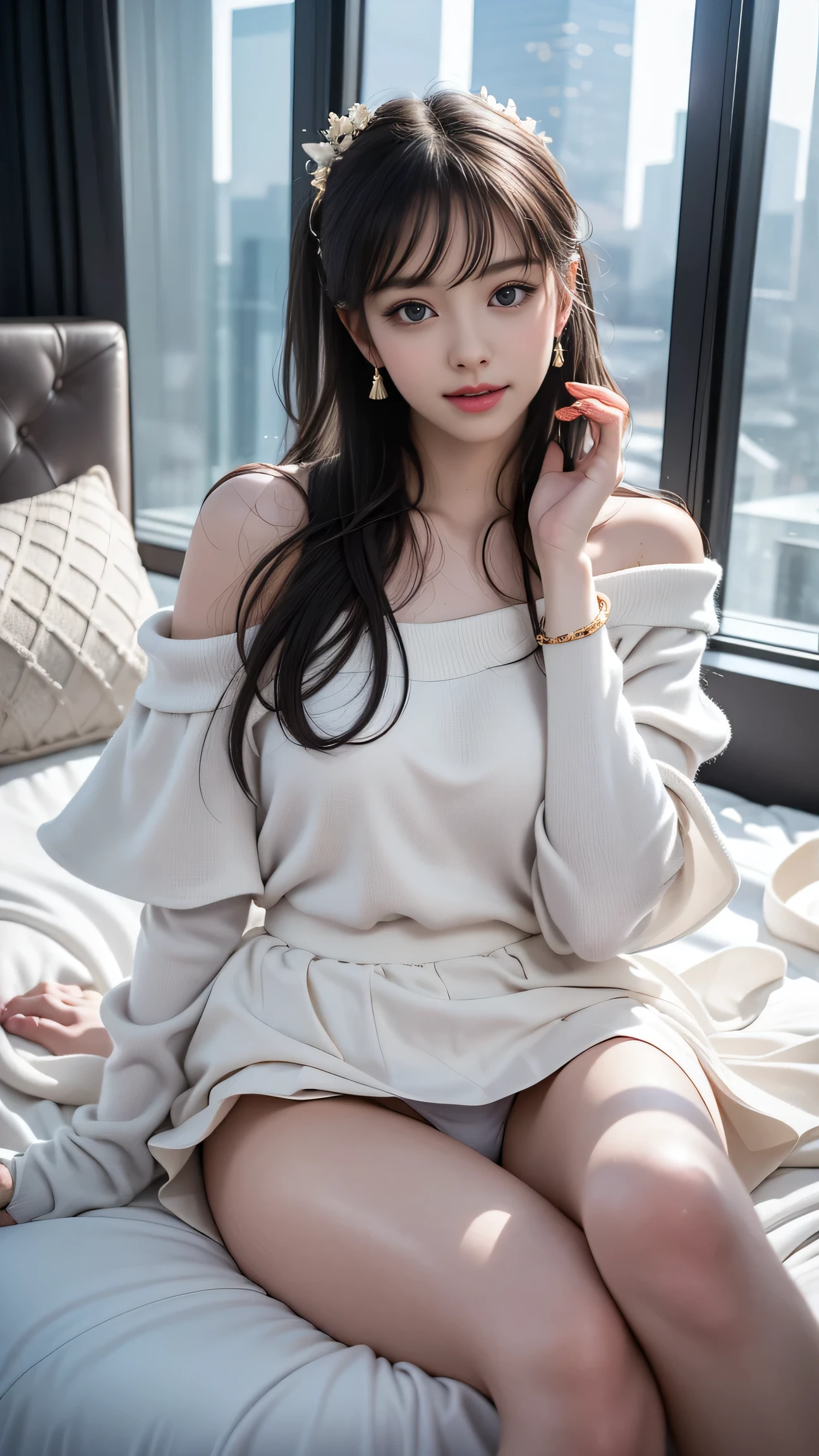 (Girl lying on bed)、Beauty、 One Girl、alone、Long Hair、Viewer、smile、blue eyes、hair ornaments、、gem、Gray Hair、Shut your mouth、Blunt bangs、Manicure、bracelet、lips、Grey Eyes、Portraiture、Red nails、close、Red lips、Put your hands on your face、Place your hand on your cheek、()、(Shiny skin)、((Skyscrapers are hazy outside the window))、(Off-shoulder white dress with floral pattern),),((Girl with her legs slightly apart)),(Leg spread),((White panties are visible)),(Lift-up skirt)、(A perfect, balanced body),(Slim lower body and long legs),