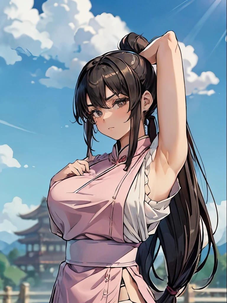 Busty woman, large chest, ponytail , blue ribbon, brown eyes, long hair, black hair,
Standing in a kung fu pose, alone , Upper body,
hip, 
cowboy shot, 
Light pink Chinese dress, Pink obi, super mini skirt, sleeveless, white panties、
blue sky, cloudy, evening,
(very detailed, beautiful and detailed face, masterpiece, highest quality 